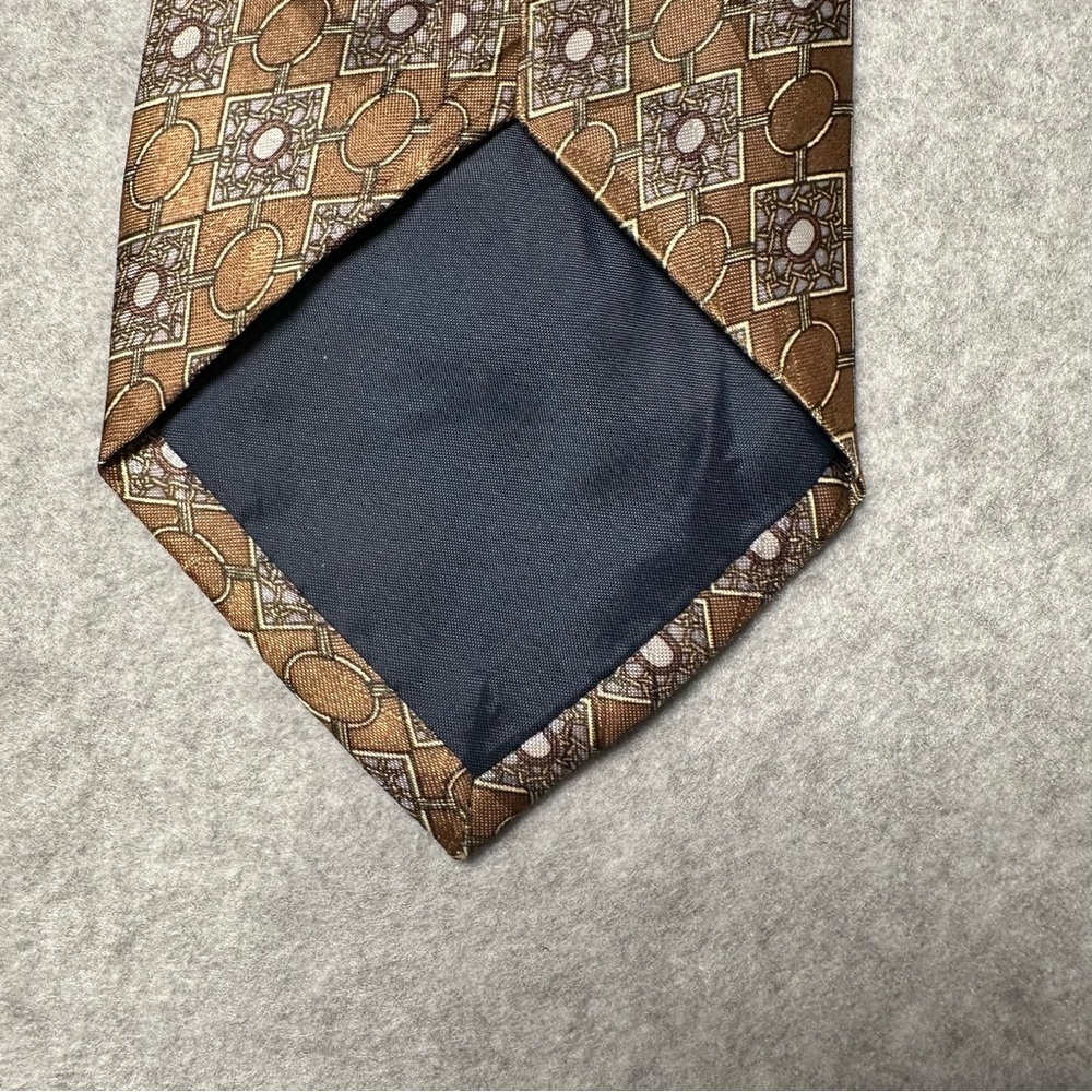 Phineas Creed Hand Made Men Silk Jacquard Geometric Pattern Necktie Gold Brown - Picture 4 of 4